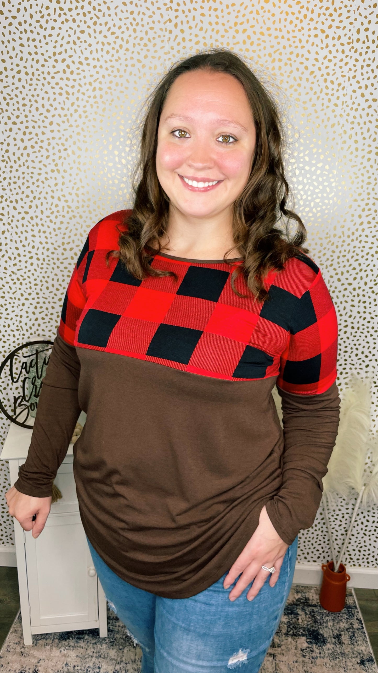 Plaid Color Block Long Sleeve Mocha