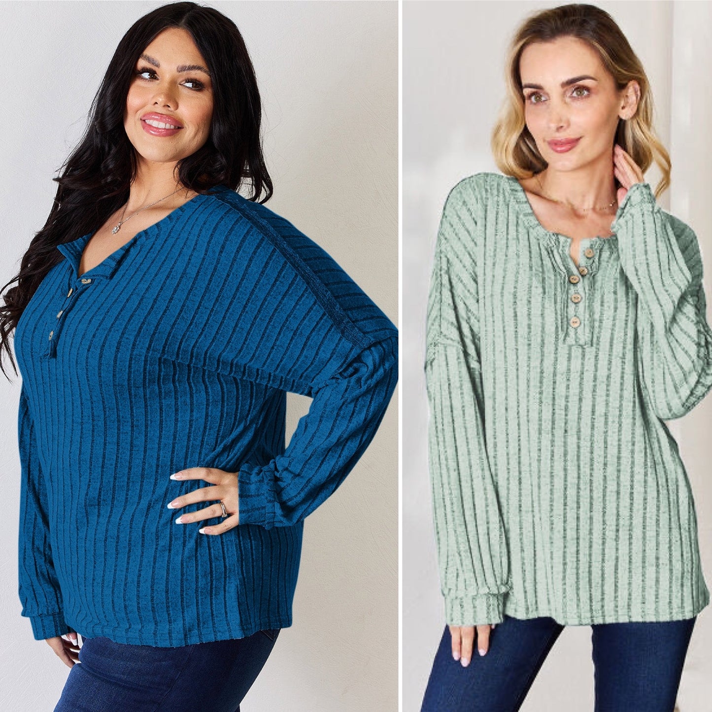 Ribbed Half Button Long Sleeve