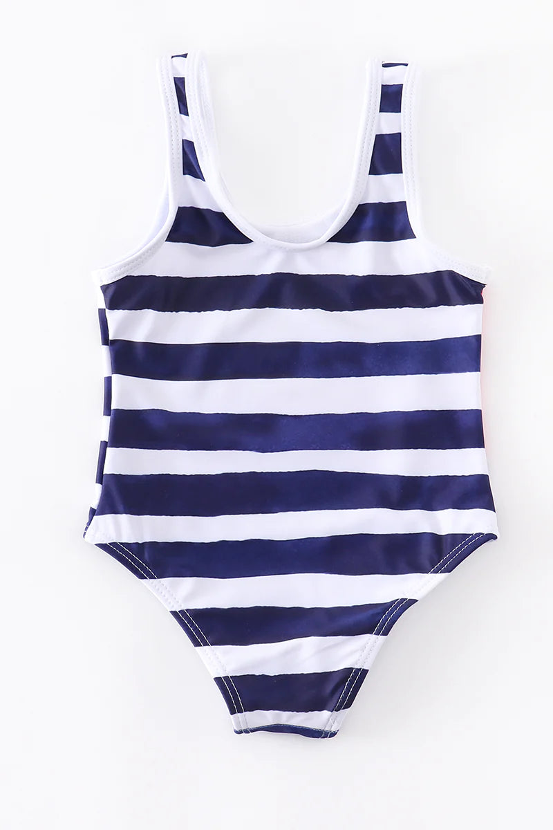 Girls Striped Floral Swim One Piece