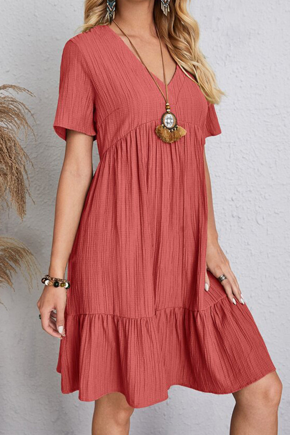 Ruched V-Neck Short Sleeve Dress