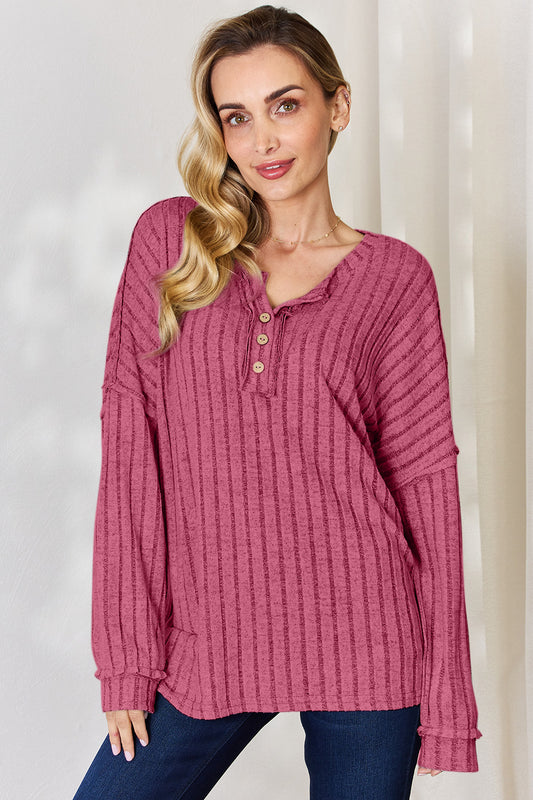 Ribbed Half Button Long Sleeve