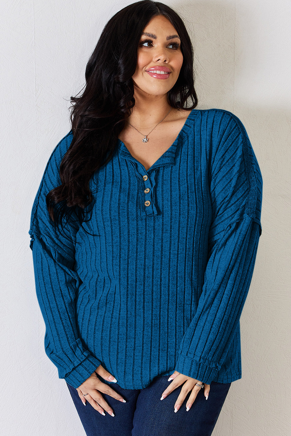 Ribbed Half Button Long Sleeve