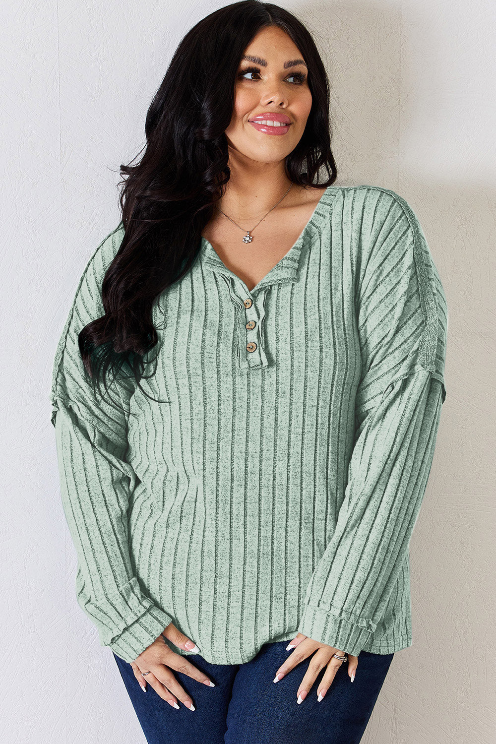 Ribbed Half Button Long Sleeve