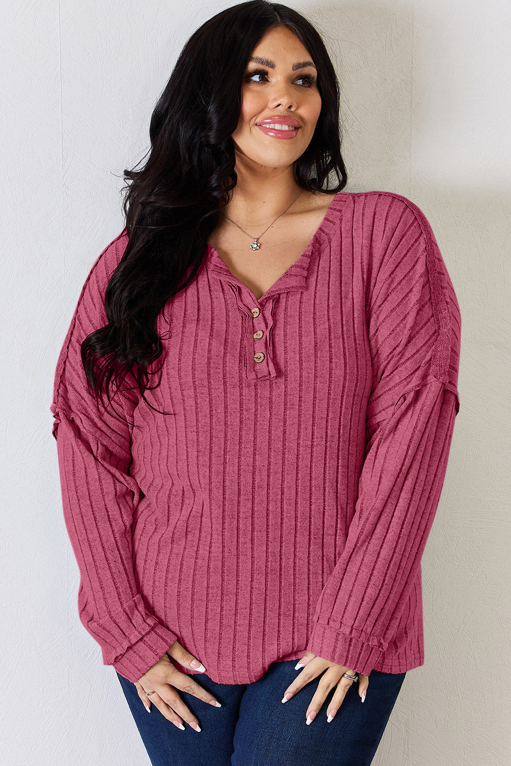 Ribbed Half Button Long Sleeve