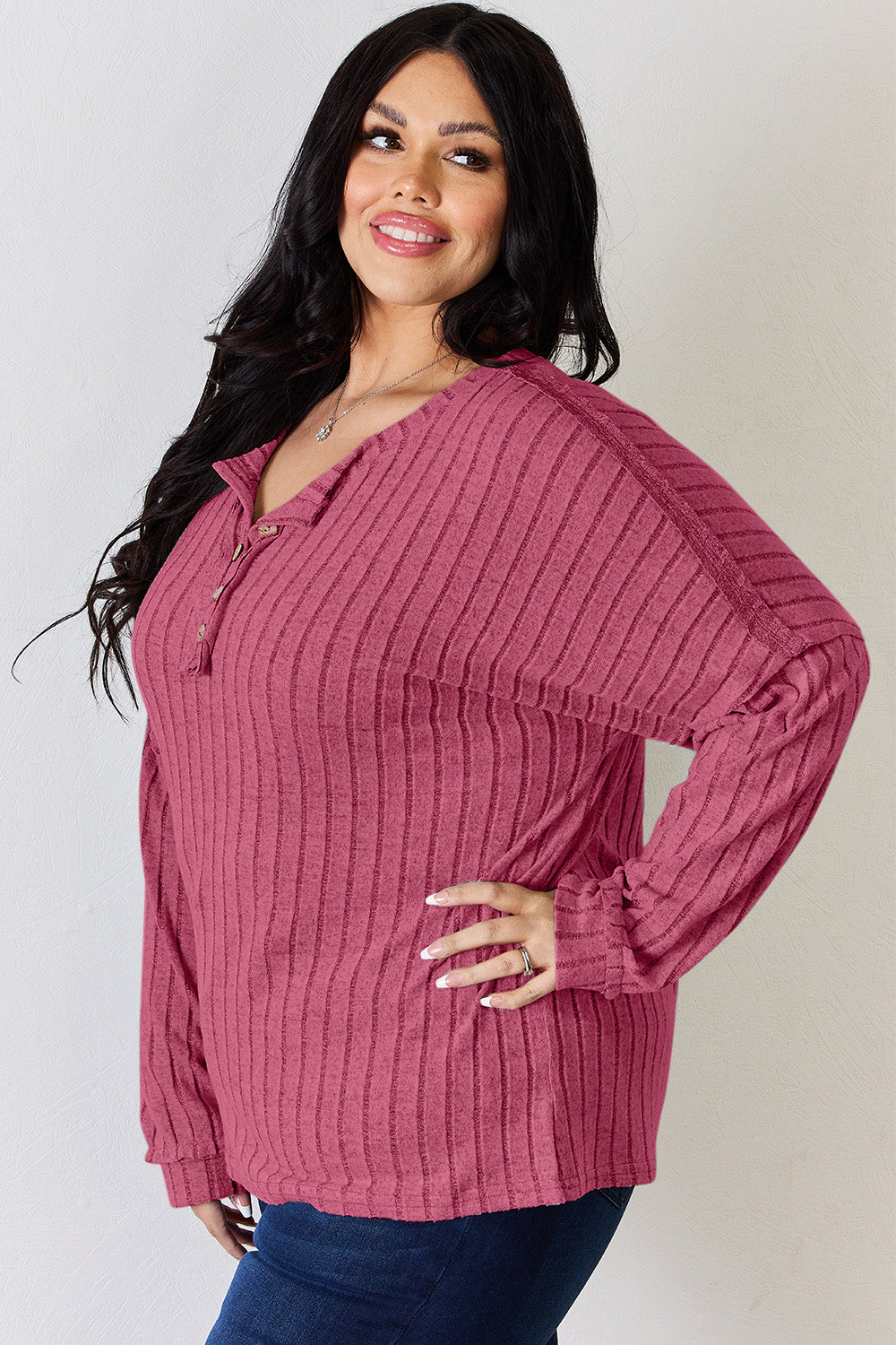 Ribbed Half Button Long Sleeve