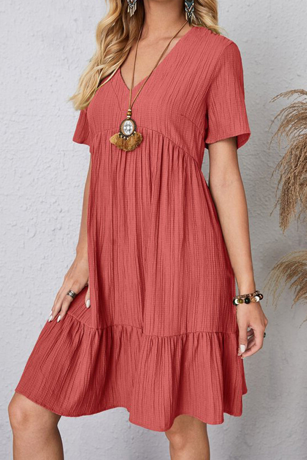 Ruched V-Neck Short Sleeve Dress