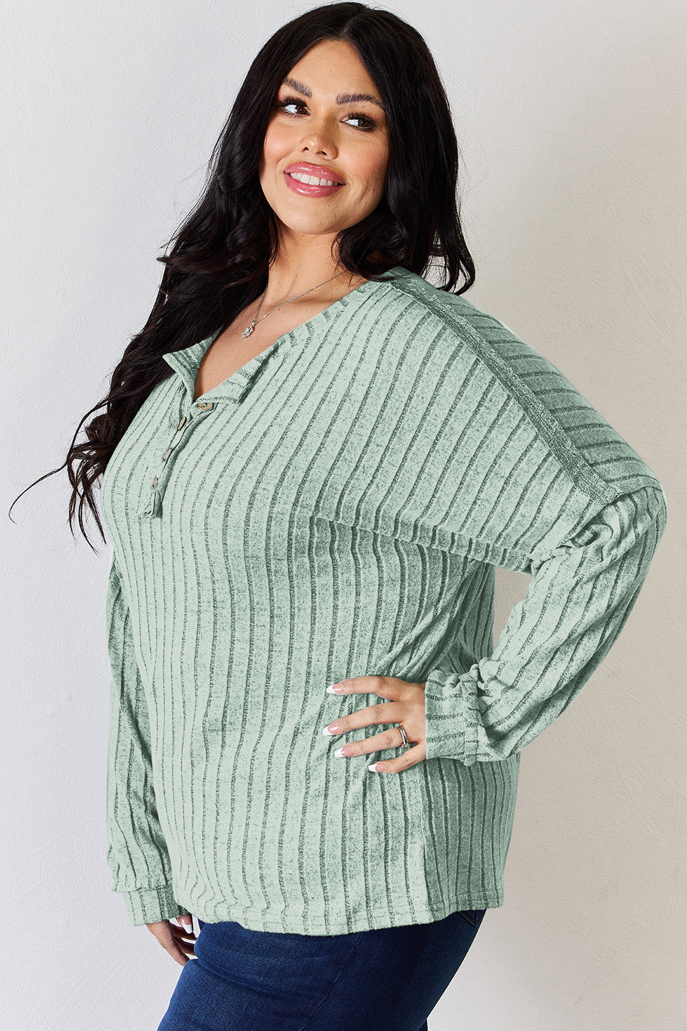 Ribbed Half Button Long Sleeve