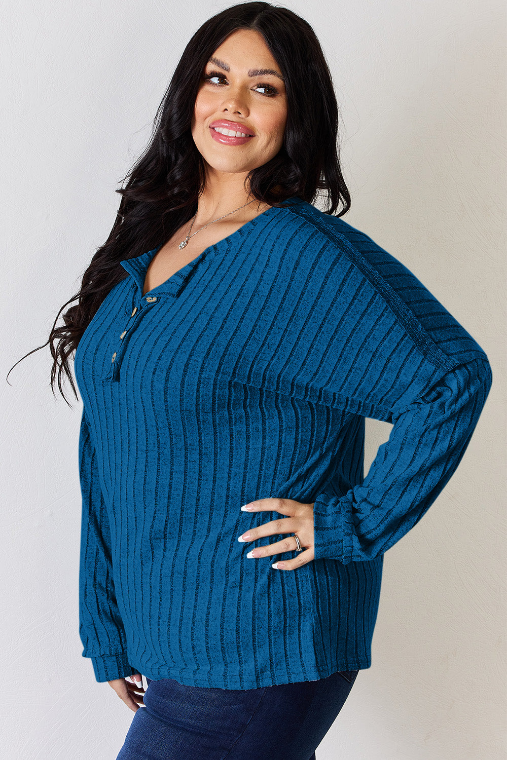 Ribbed Half Button Long Sleeve