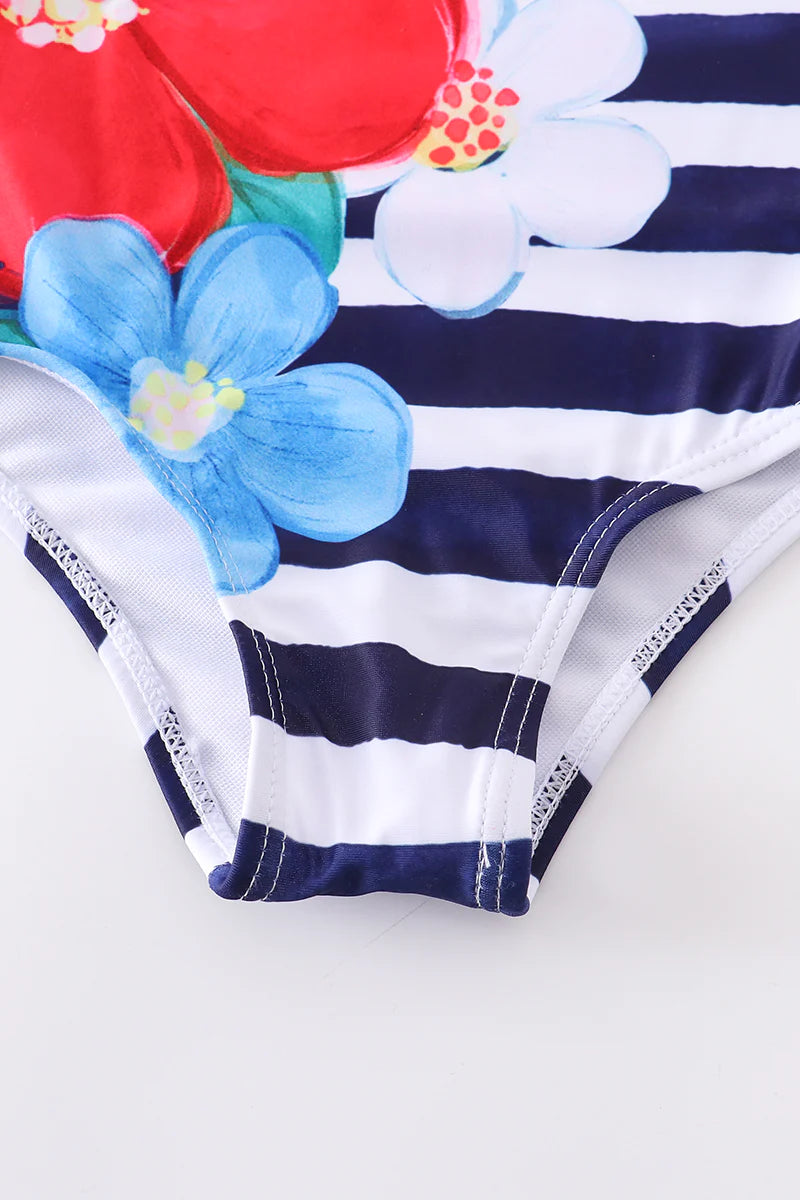 Girls Striped Floral Swim One Piece