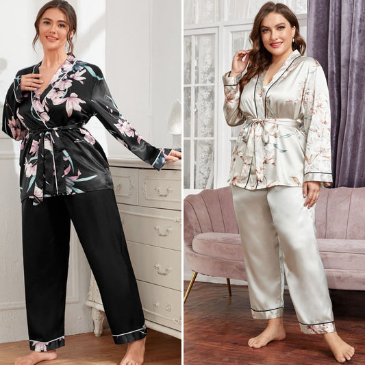 Plus Size Floral Belted Robe and Pants Pajama Set